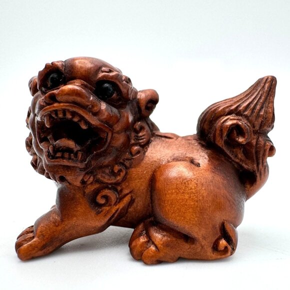 Ojime Netsuke 2 Foo Dog Lion Figurines Hand-Carved Boxwood Signed No Hole #1.2 - Picture 5 of 13